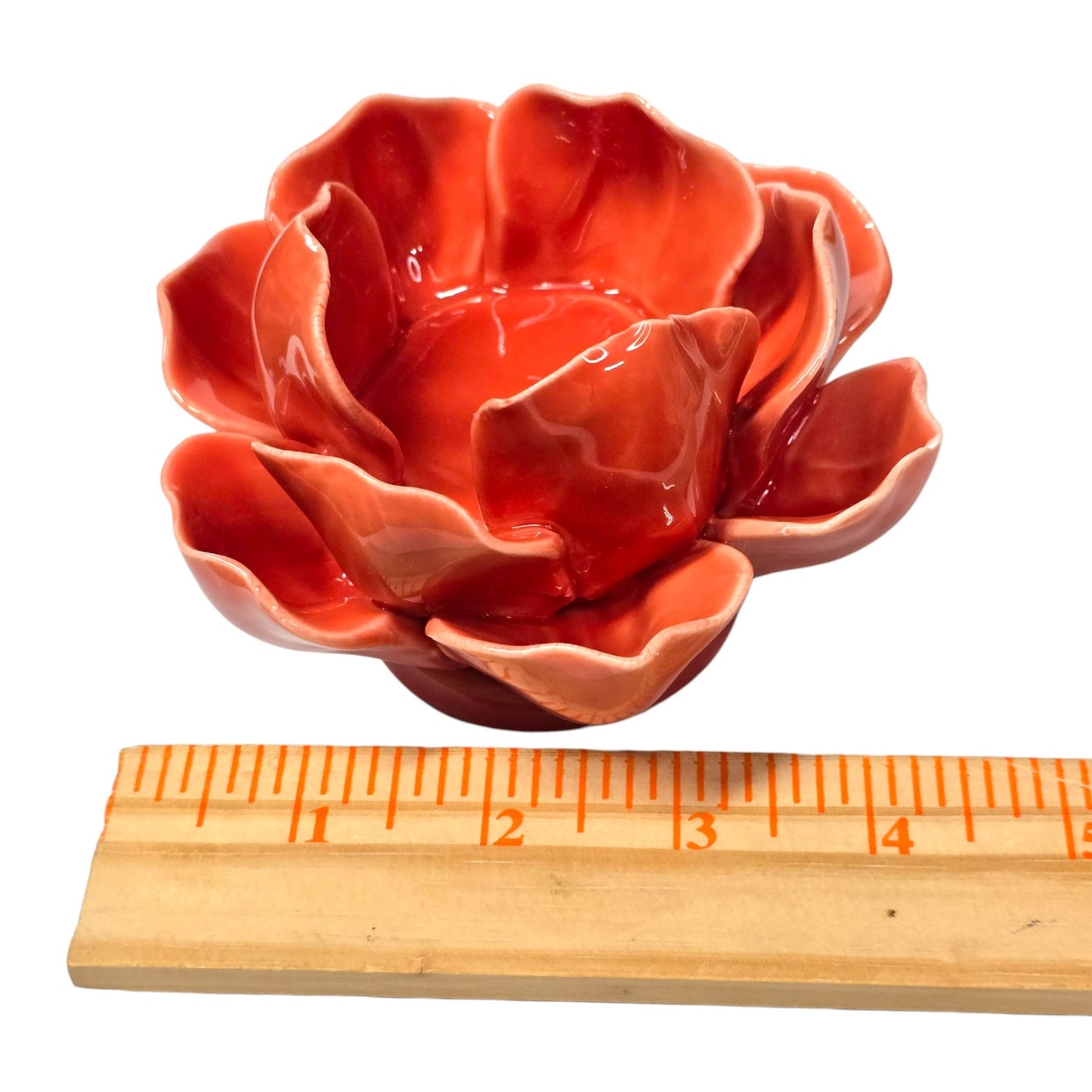Vintage Poppy Orange Glazed Pottery Lotus Flower Candle Holder Tea Light Artisan