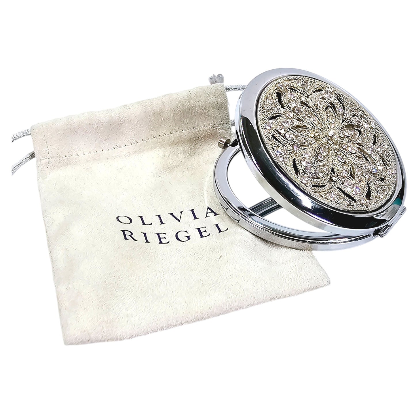 Olivia Riegel Silver Tone Crystal Sinclair Mirrored Compact, New in Bag, 2.75" D