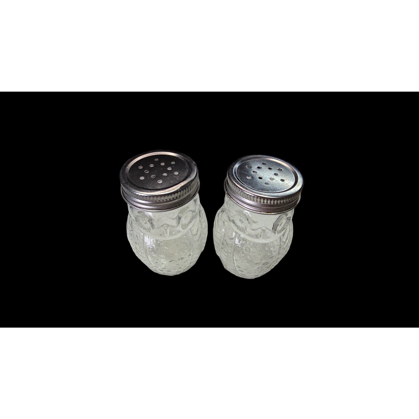 Set of 2 Glass Owl Shakers with Silver Tone Metal Lids, Embossed Floral Pattern