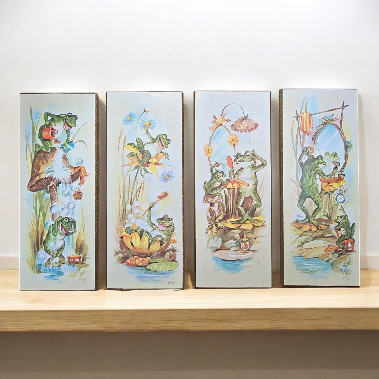 4Vtg Coby Wall Art Bathing Frogs Daily Routine Bathroom Plaques 1970s midcentury