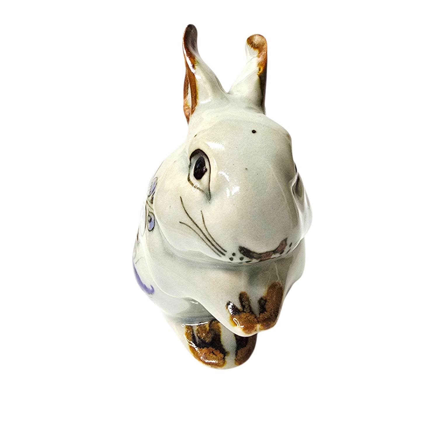 Vtg Tonala Mexico Pottery Rabbit Figurine Blue Floral Hand Painted AS IS Repair