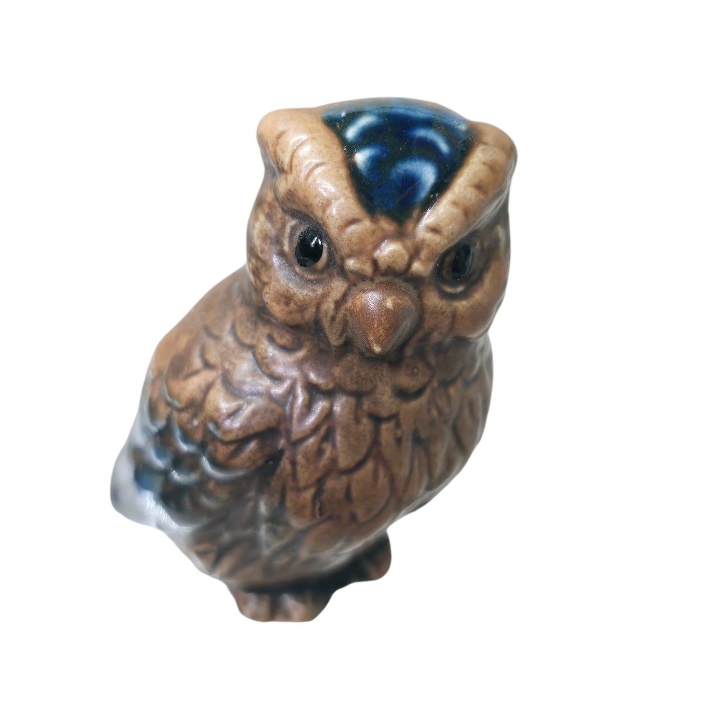 Tiny Vintage Ceramic Owl Figurine Blue Feathers Made in Japan