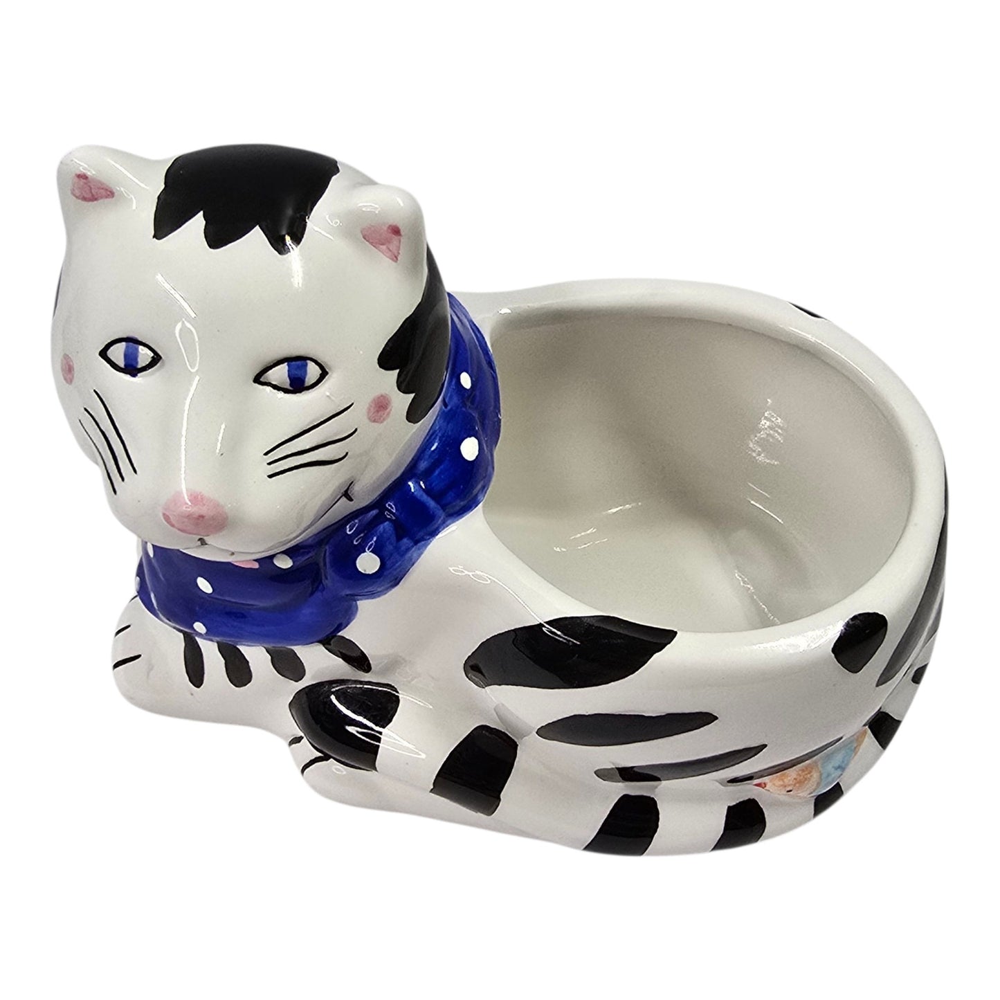 Striped Cat Planter Ceramic Handpainted Blue Scarf Bird Vtg Certified Intl CIC