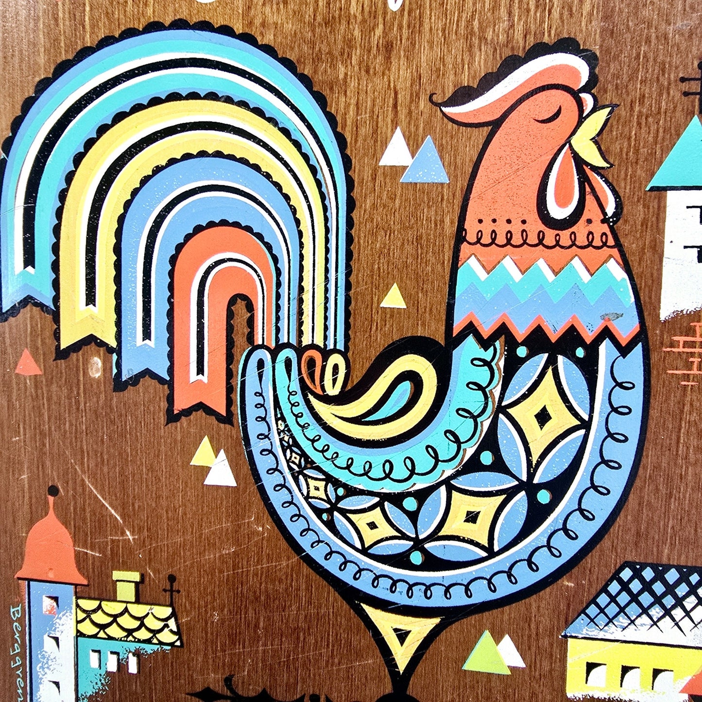 Vintage 1960's Signed Berggren Trayner Swedish Rooster Folk Art Wood Cutting Board Wall Hanger