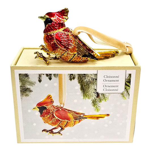 Vtg Pier 1 Cloisonné Cardinal Bird Ornament Red Gold Enamel Holiday Boxed