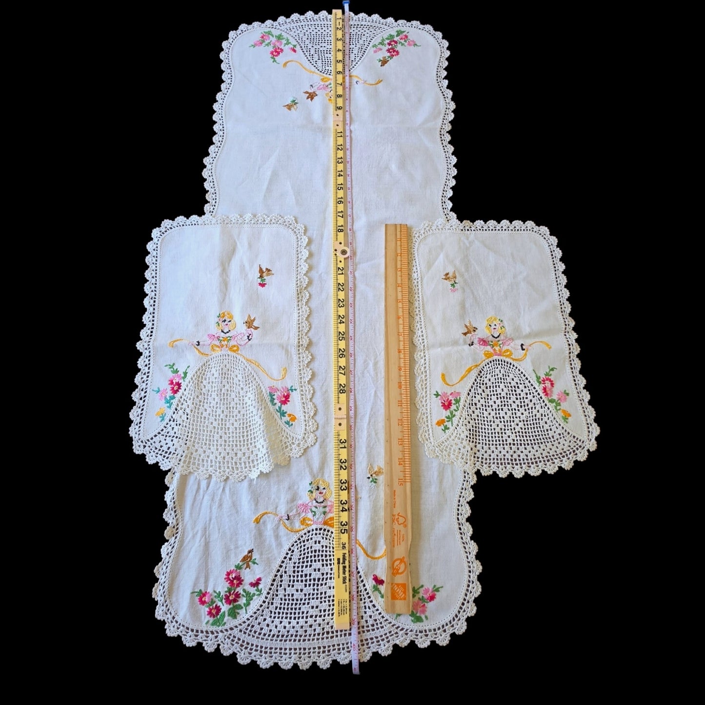 Vintage 3 Pc Crinoline Lady Dresser Scarf Set Linen Crochet Lace Bow Flower Bird