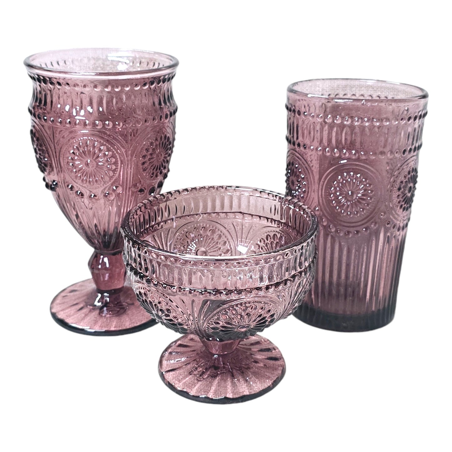 Pioneer Woman Plum Stemmed Glass Lot Raised Pressed Glass Goblet, Water Glass and Dessert Cup