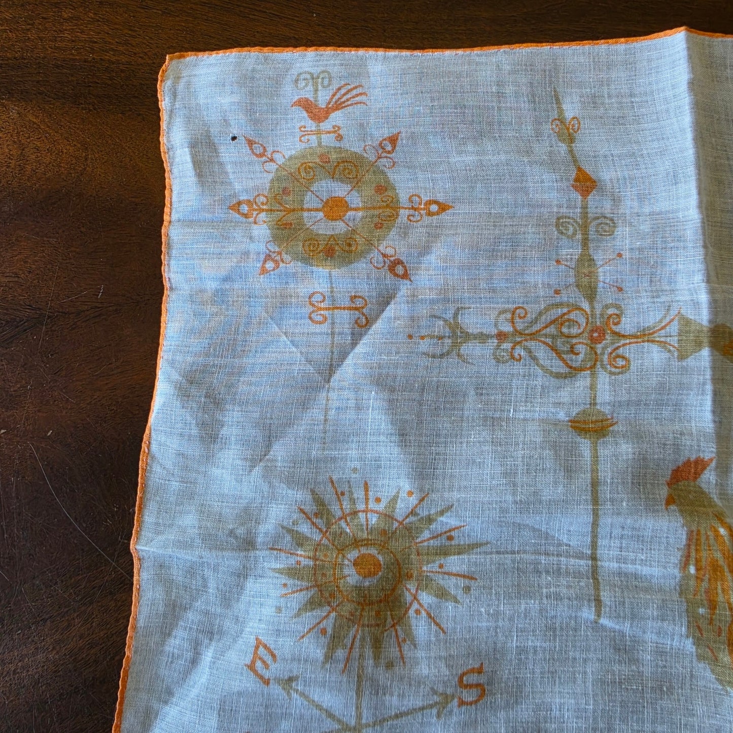 Vintage Weather Vane Handkerchief Rooster Horse Fish Retro Yellow Hanky