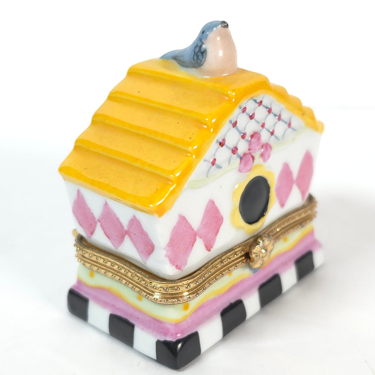 Bluebird Birdhouse Ceramic Hinged Trinket Box Yellow Roof Pink Diamonds