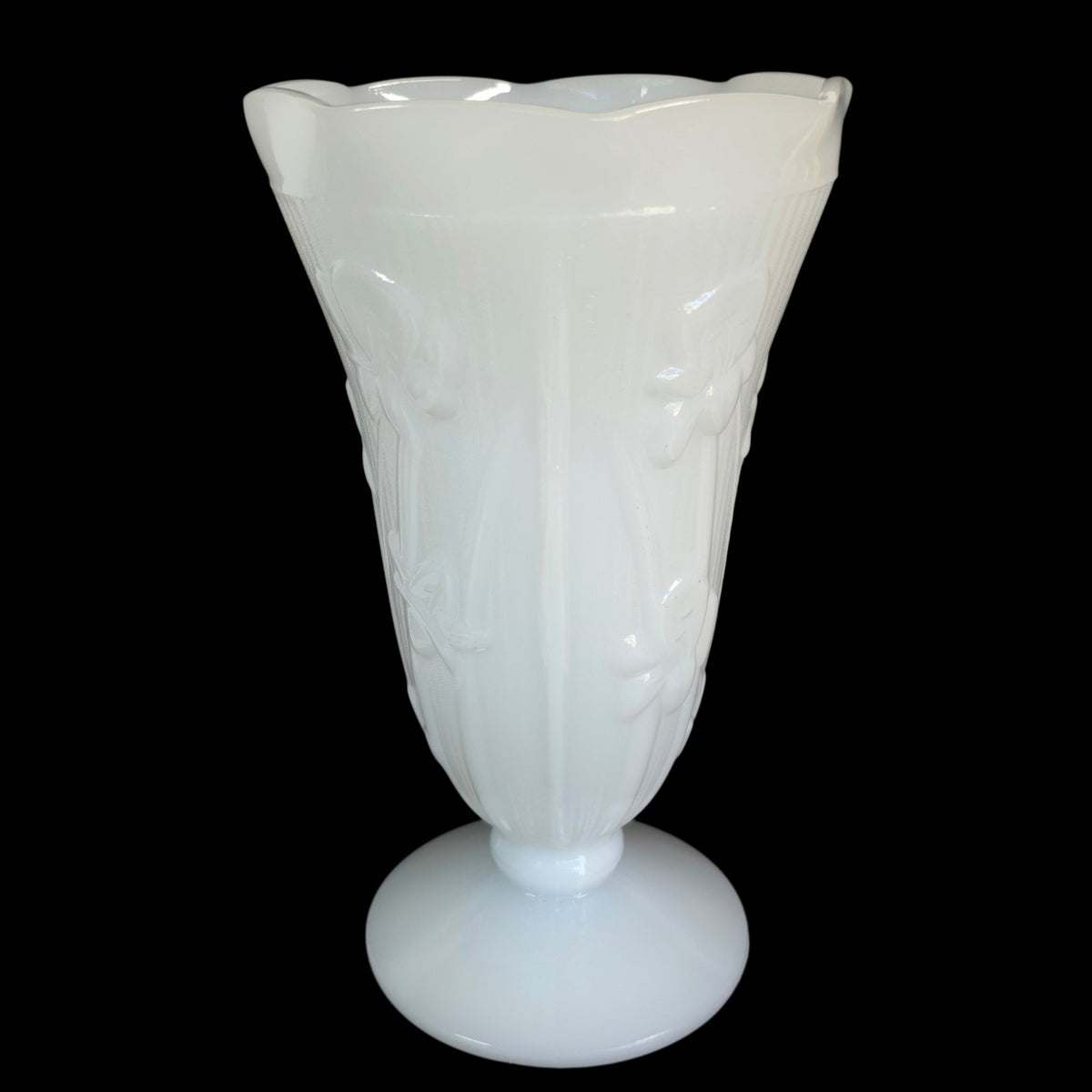 Vintage Jeannette Glass Iris & Herringbone Milk Glass 9” Footed Vase