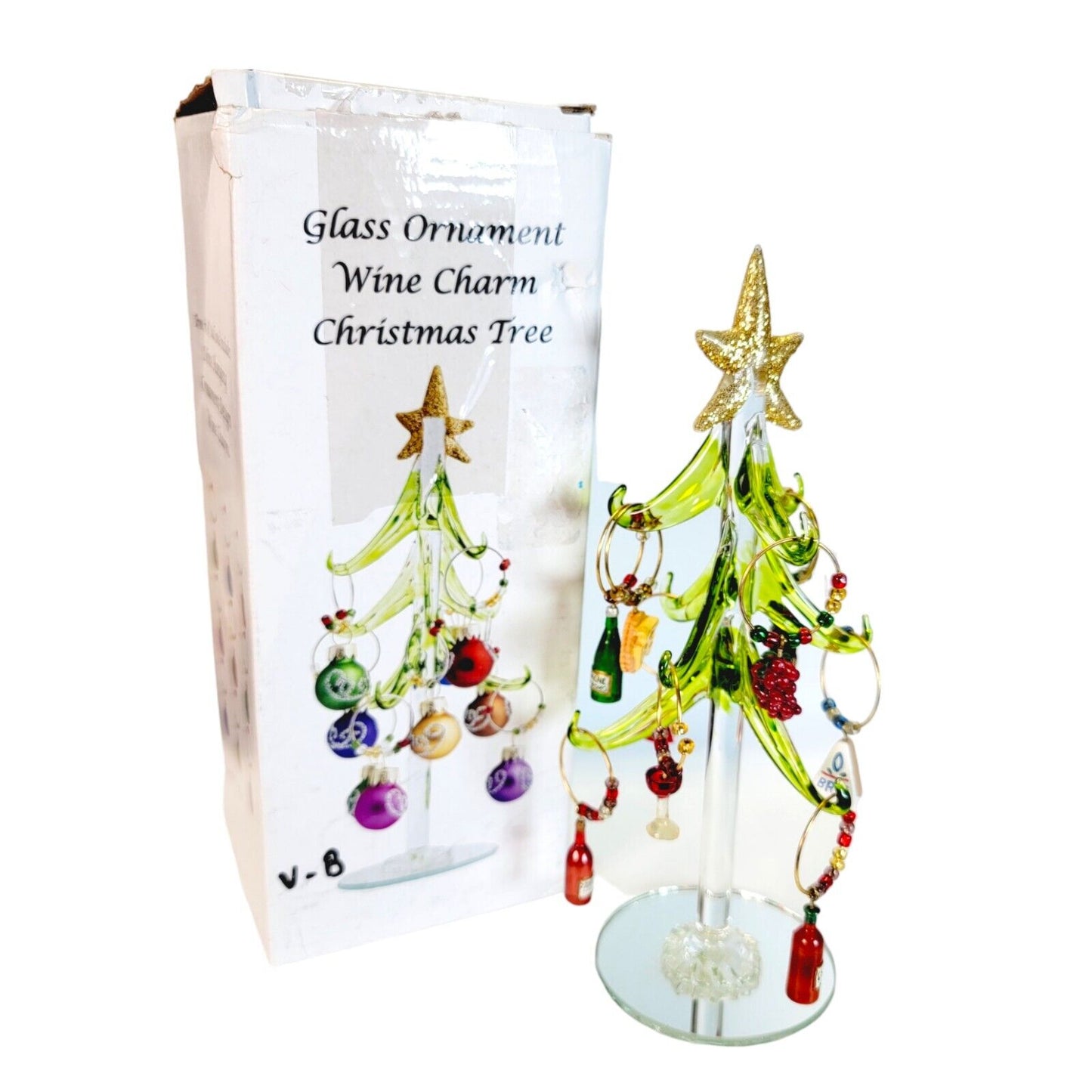 Art Glass Wine Charm Christmas Tree w/ 10 Wine Charms /Cocktail Charms, Mirrored