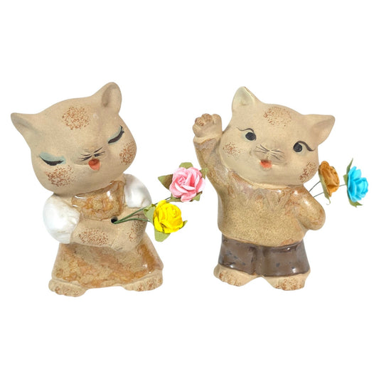 Vintage UCTCI Japan Cat Figurines Pair Boy Girl Flower Holders Speckled Pottery