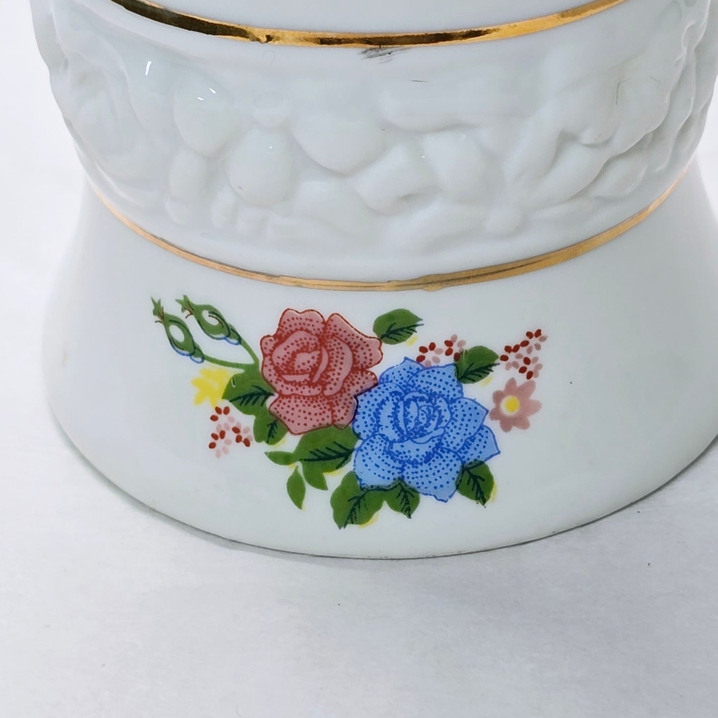 Vintage Porcelain Vase with Colorful Textured Floral Desgin Gold Trim