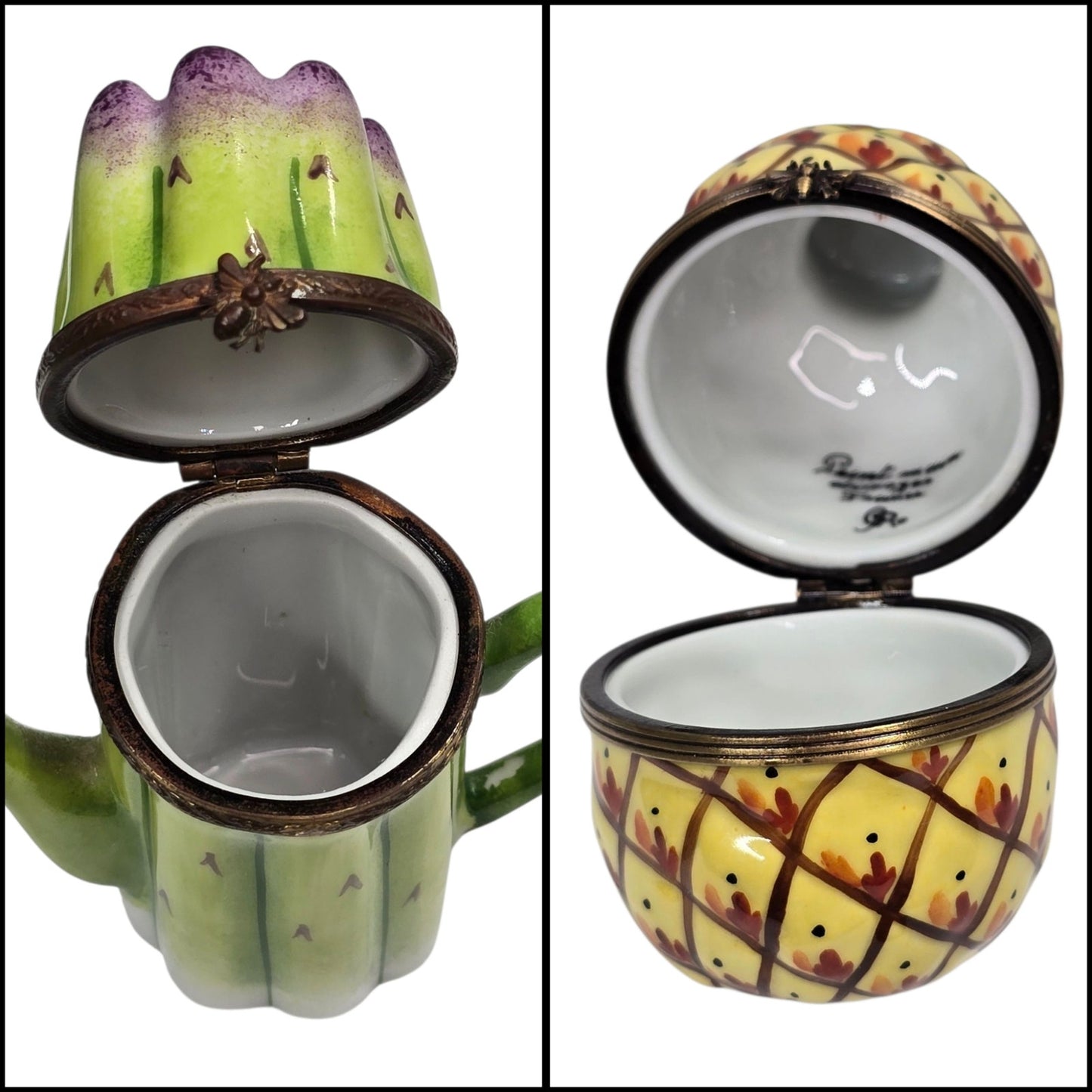 Limoges France Pineapple & Asparagus Trinket Box Set Atelier Box & Certificate