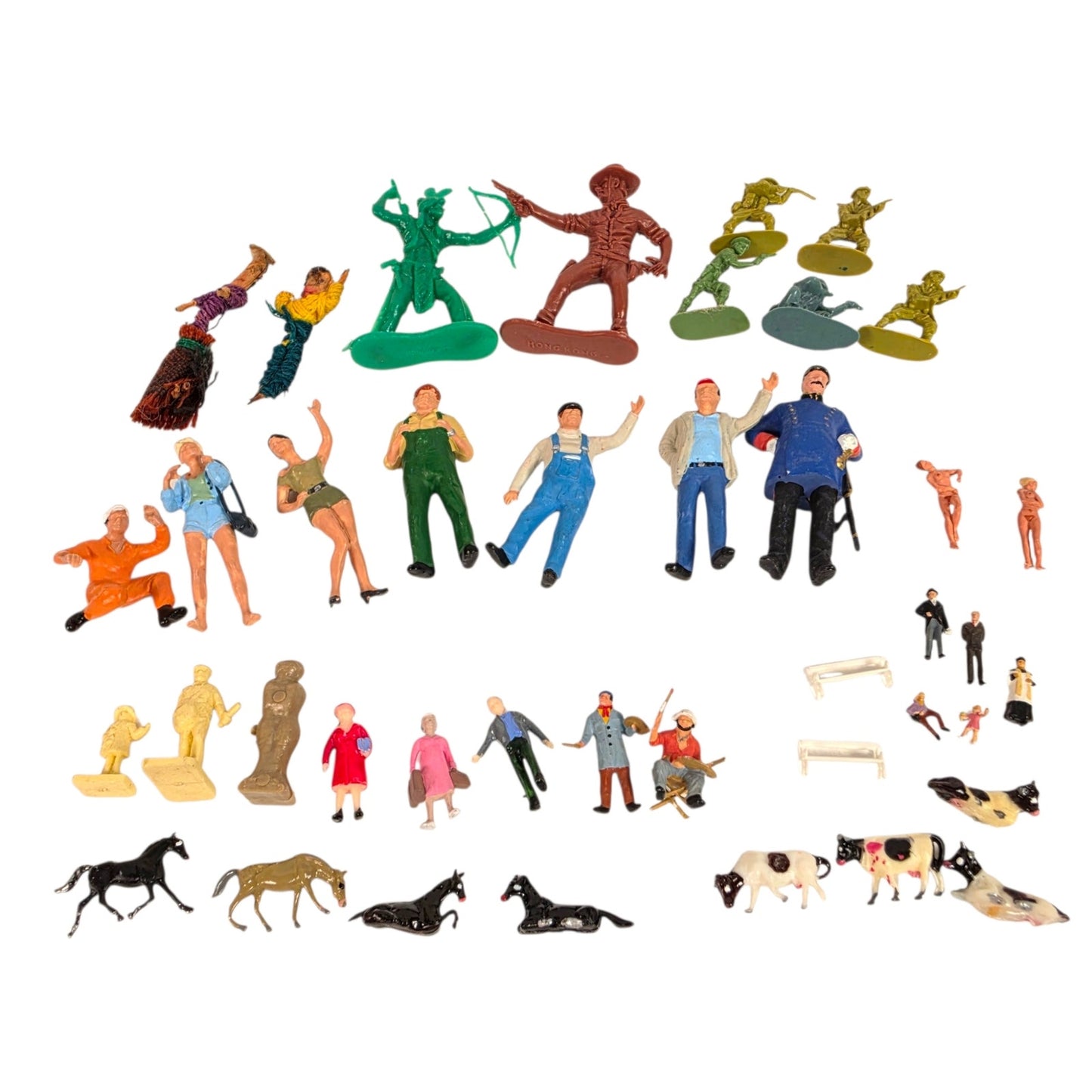Vtg 41 Pc Miniature Figurine Collection Train Railroad Village Diorama People Animals Mixed Lot