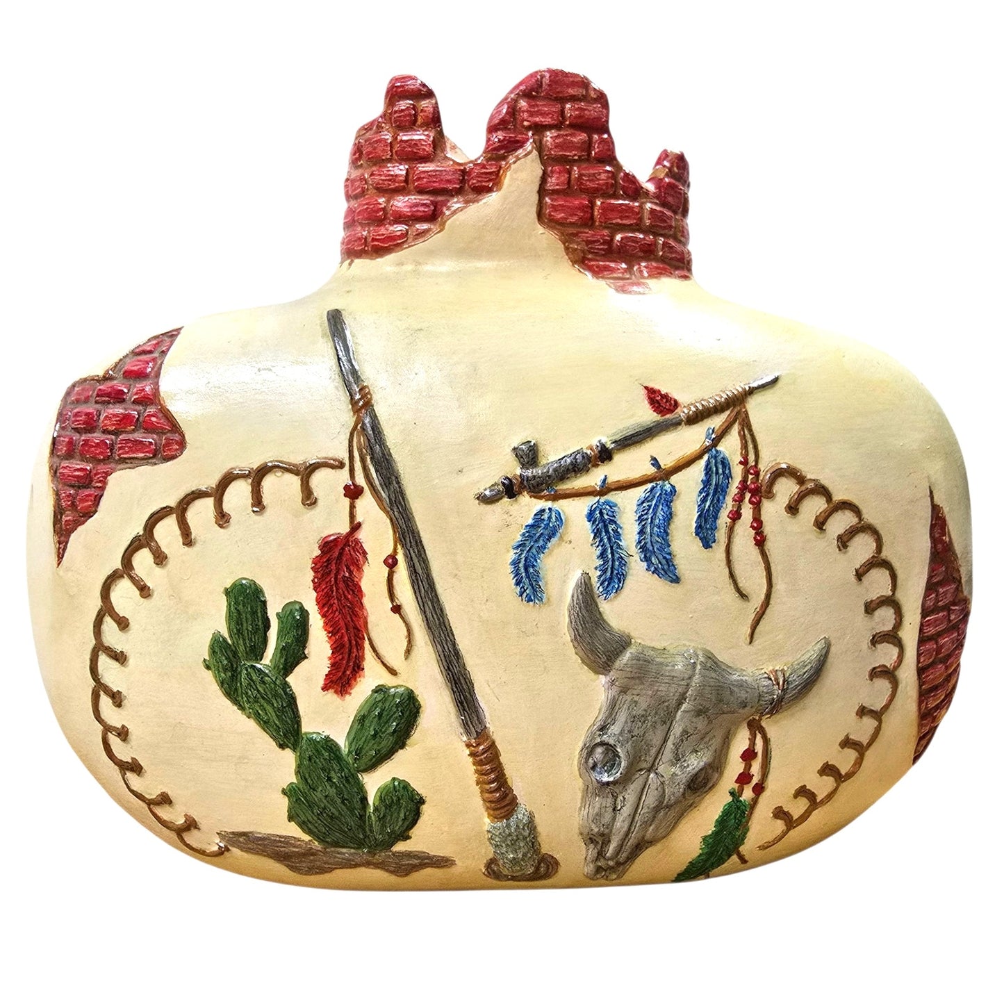 Vintage Macky Mold Southwestern Vase - Cactus, Feathers, Peace Pipe, Cow Skull