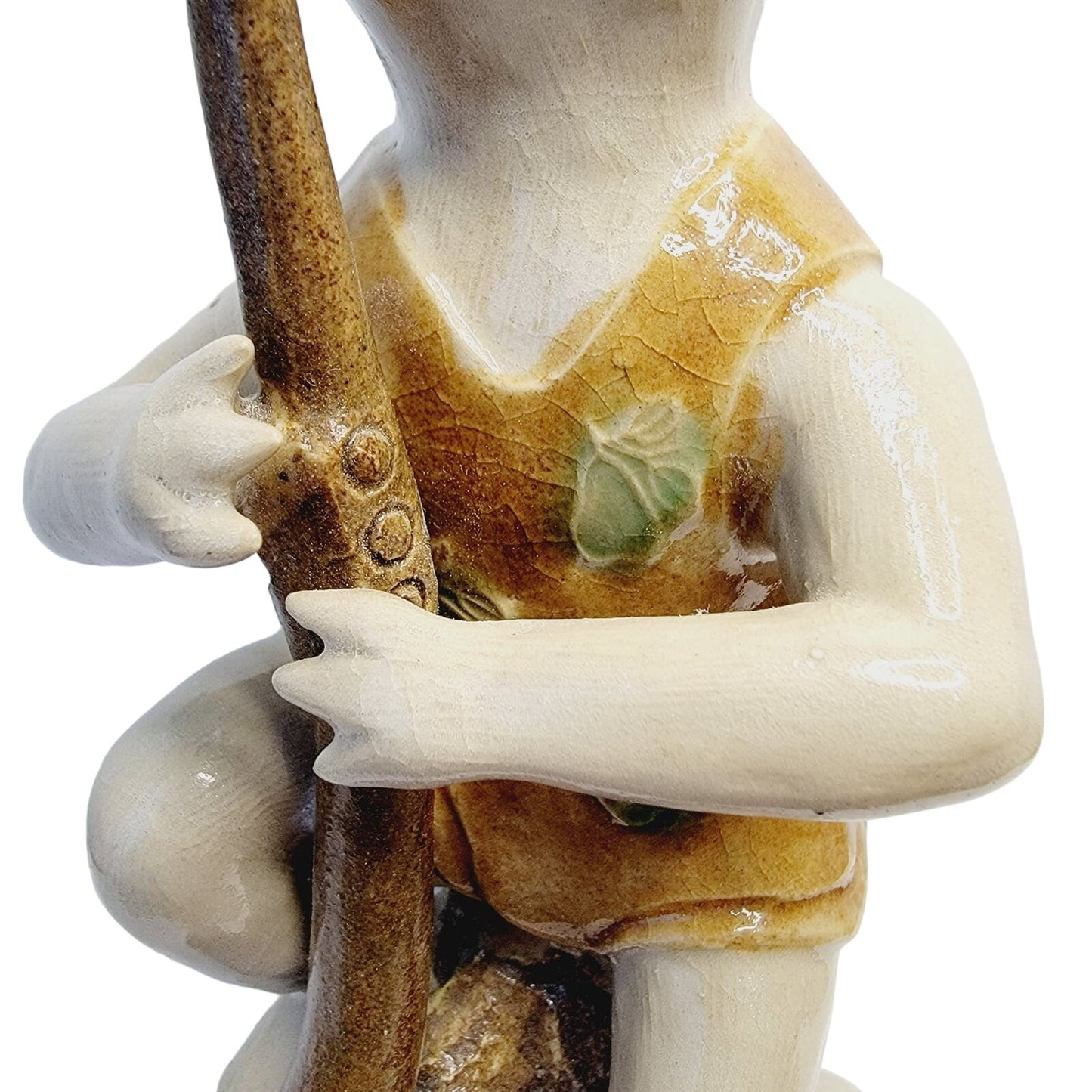 Vtg Signed Asian Rabbit Figurine Playing Long Horn Pottery Seal Mark MCM 8.5"