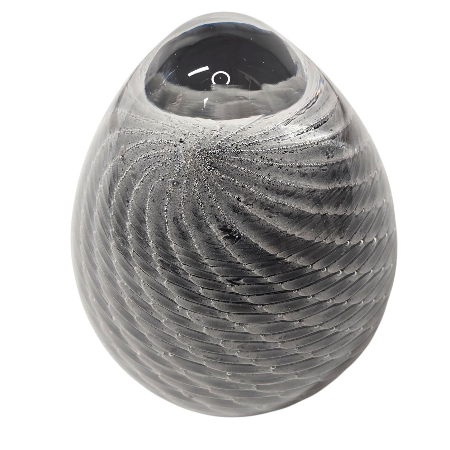 Signed Vtg Marcolin Sweden Art Glass Egg Paperweight Black White Ribbon Swirl 80