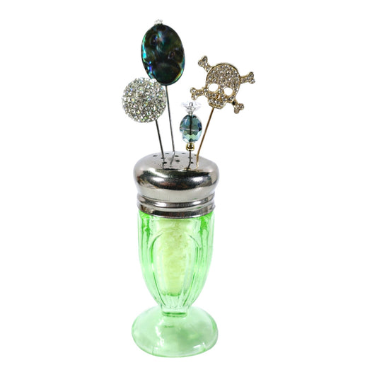 Green Uranium Glass Salt Shaker Stick Pin Display, 4 Pins, Skull, Glowy, Sparkles, 5.5" H with Pins