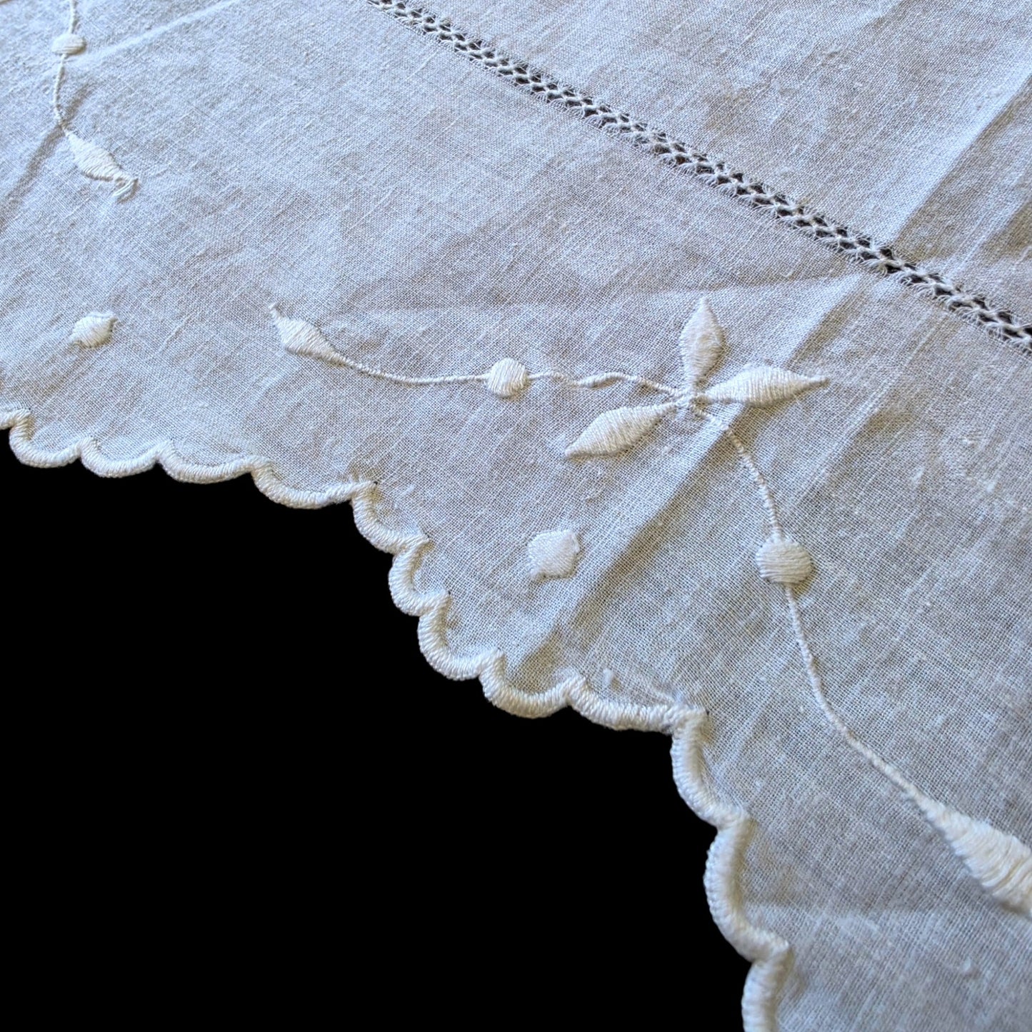 Vintage Linen Table Runner Cutwork Floral White Long Dresser Scarf 75x22