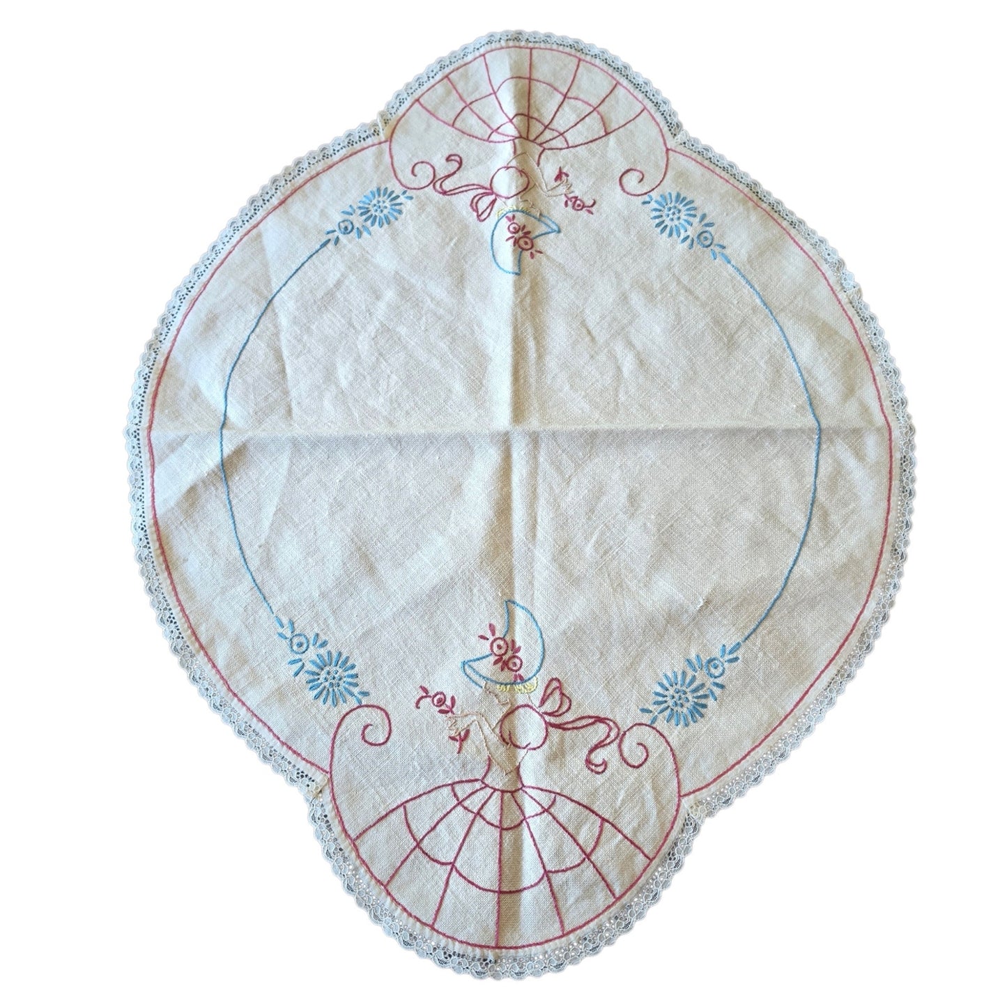 Vintage Crinoline Lady Embroidered Dresser Scarf & Crochet Doily Set Centerpiece