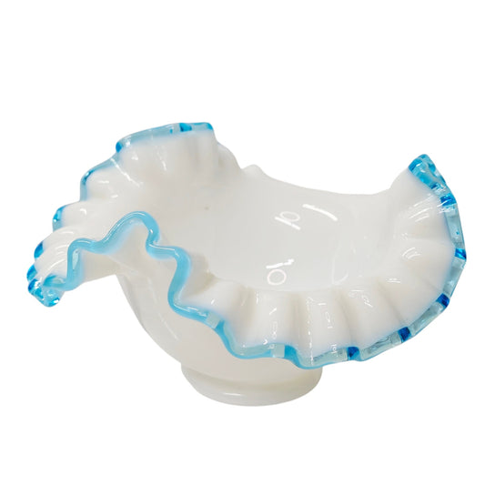 Fenton Aqua Crest Bowl Milk Glass Ruffled Pedestal Uranium Vintage Collectible