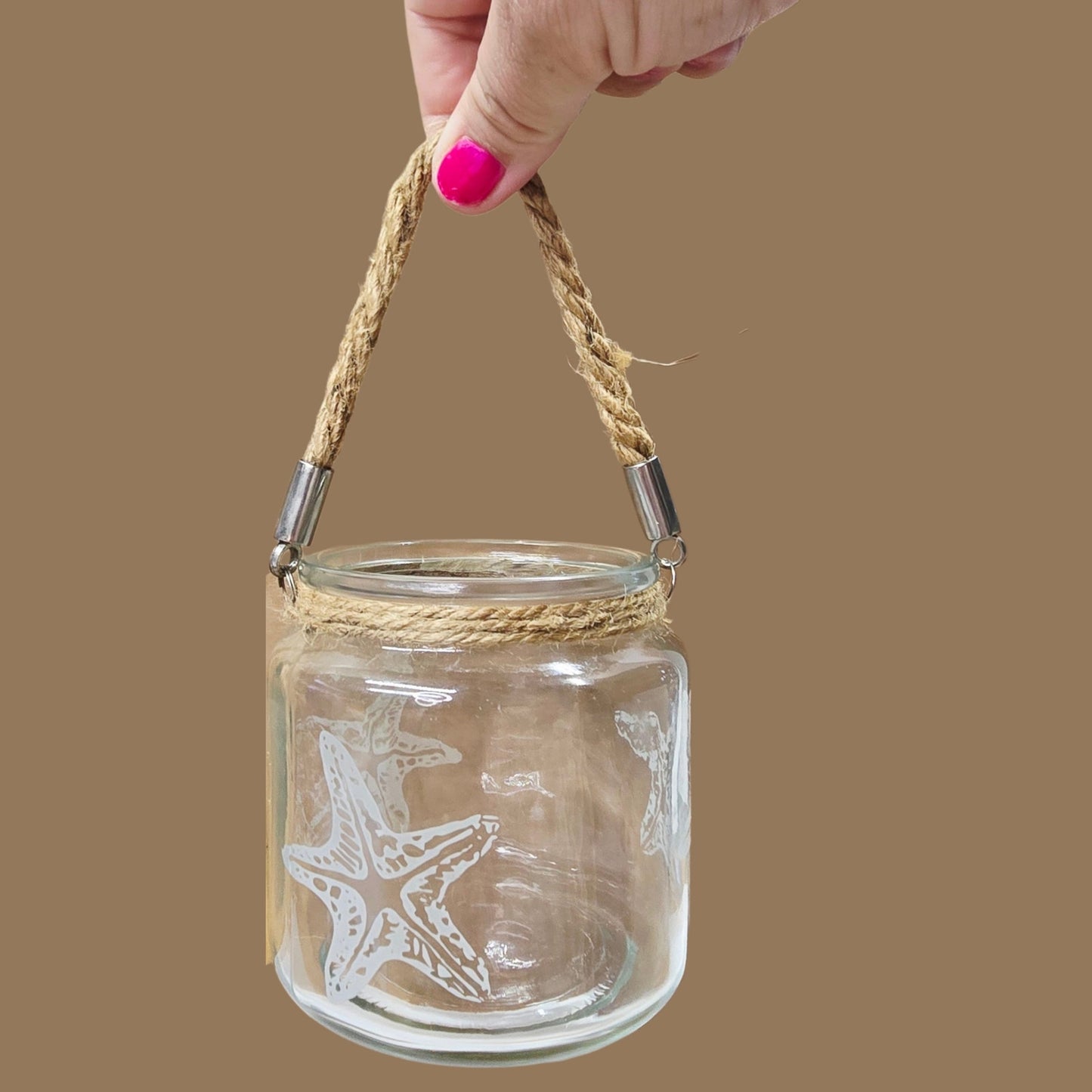 Coastal Hanging Etched Glass Starfish Tealight Candle Holder Nautical Rope Votive Jar
