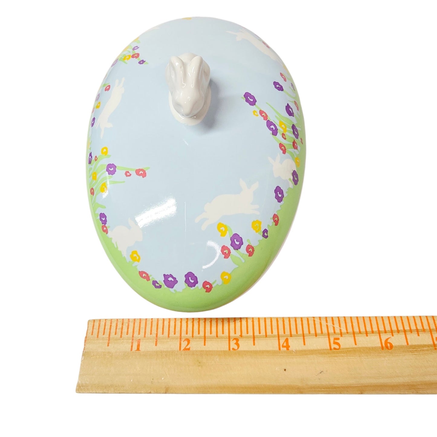NIB See's Candies Easter Candy Dish Ceramic Lidded Bunny Knob Lid 7.5" Floral