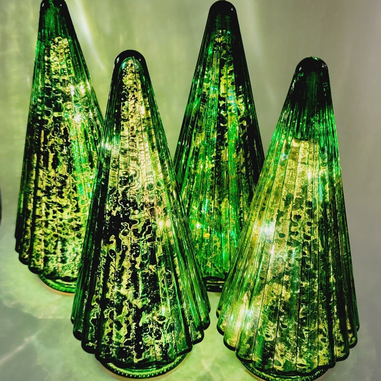 Set of 4 Mercury Glass 8" Light Up Green Christmas Trees, Battery Operated