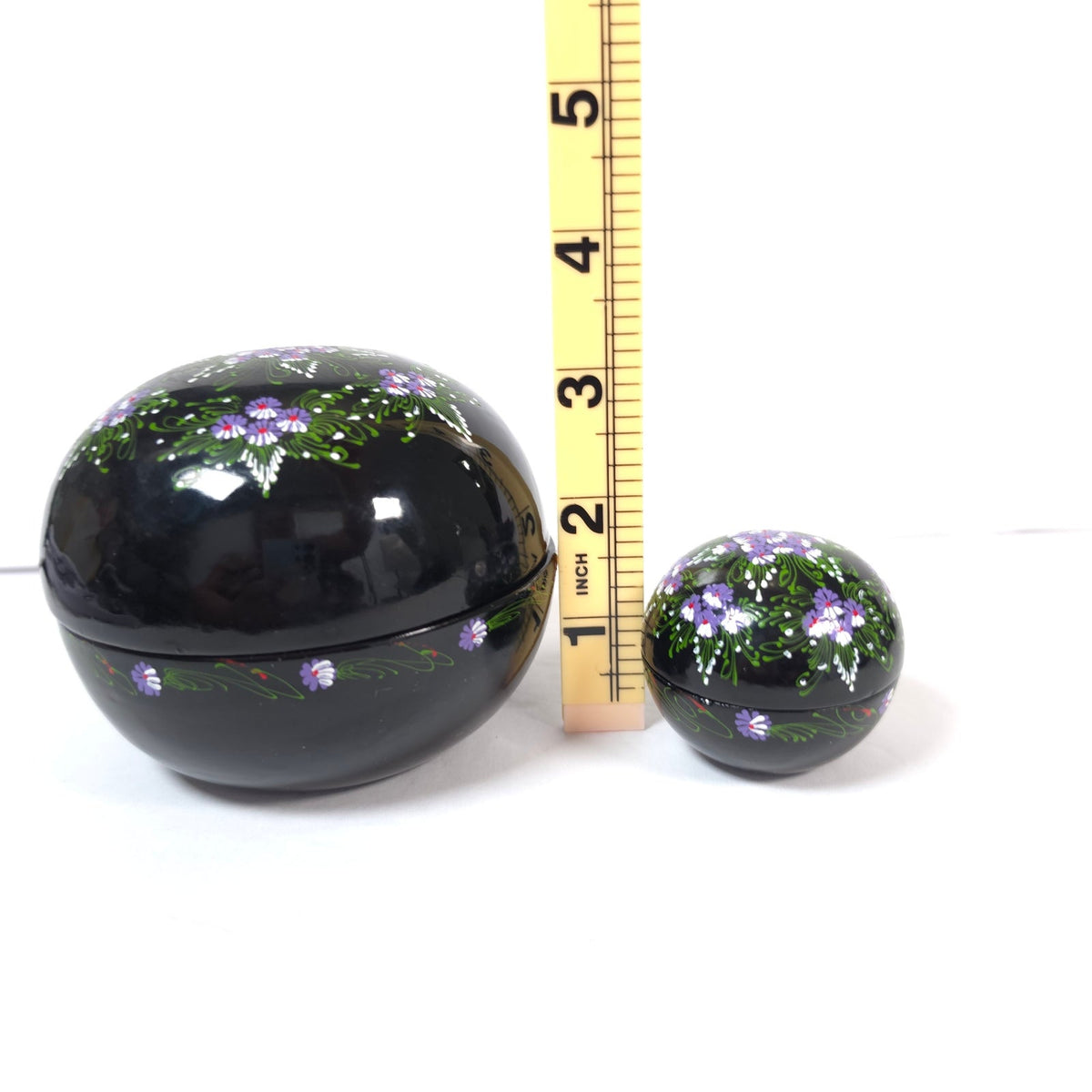 Hand Painted Black Floral Nesting Trinket Boxes Set of 2 Purple Flowers
