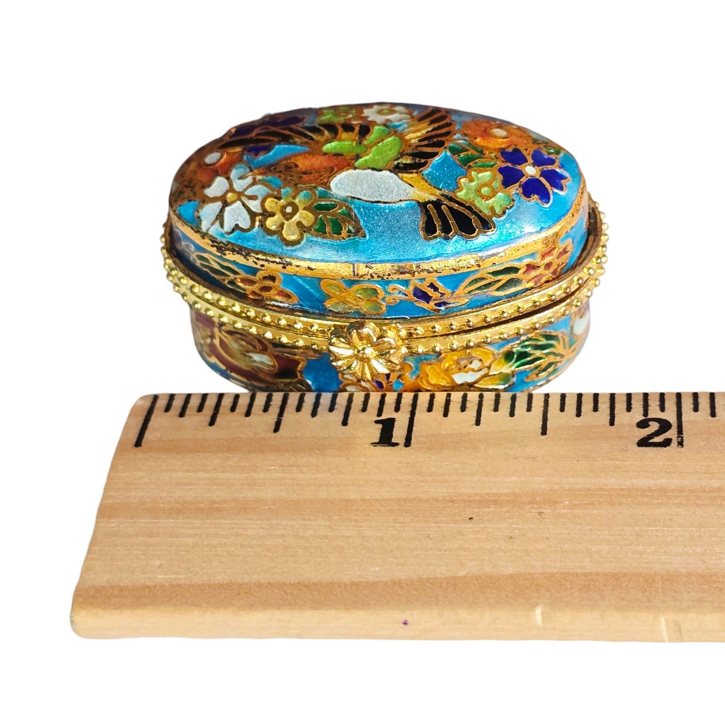 Vintage Cloisonne Trinket Box - Hummingbird & Flowers