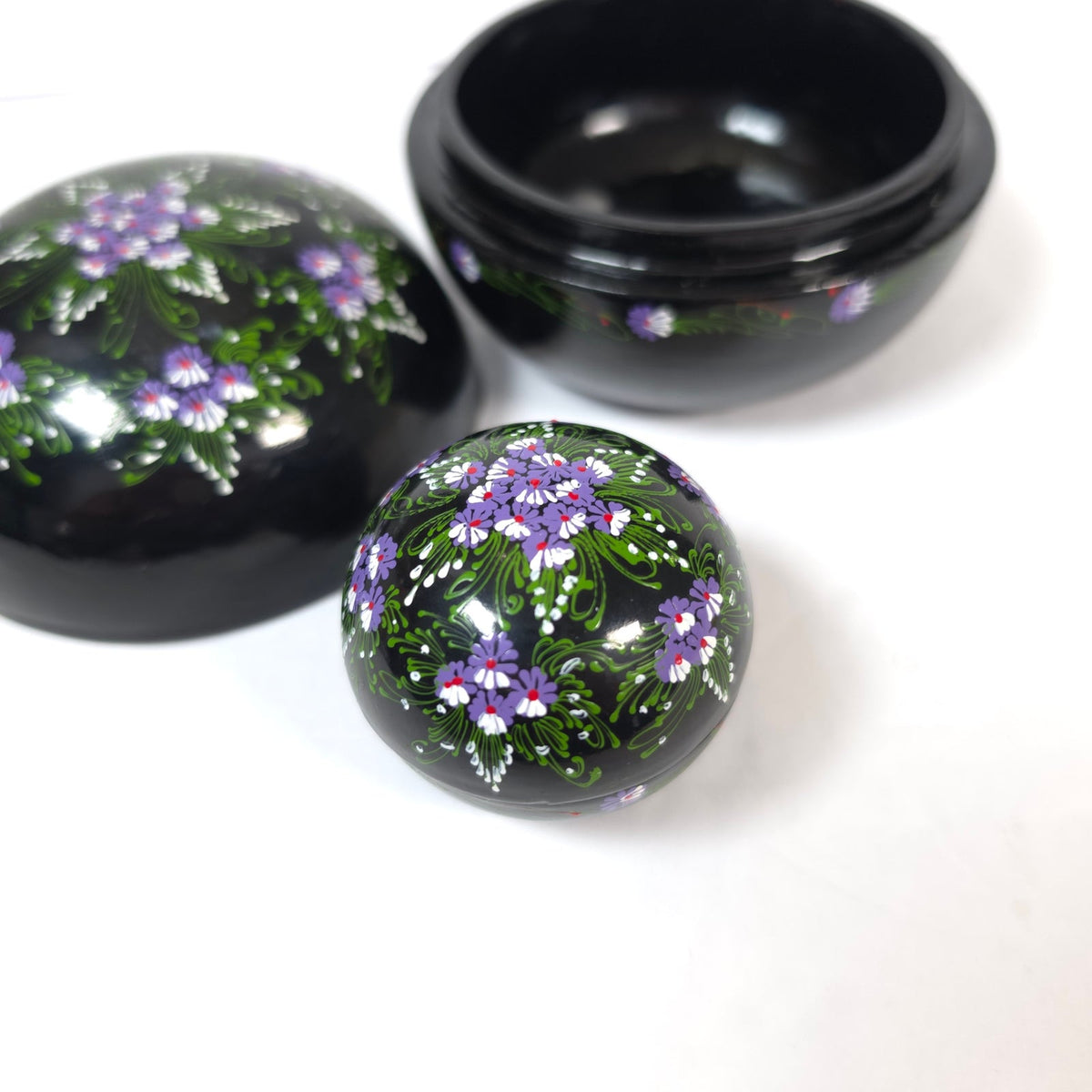 Hand Painted Black Floral Nesting Trinket Boxes Set of 2 Purple Flowers