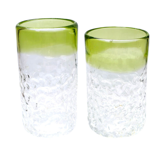 Set of 2 Hand Blown Textured Glassed Tumblers with Green Trim