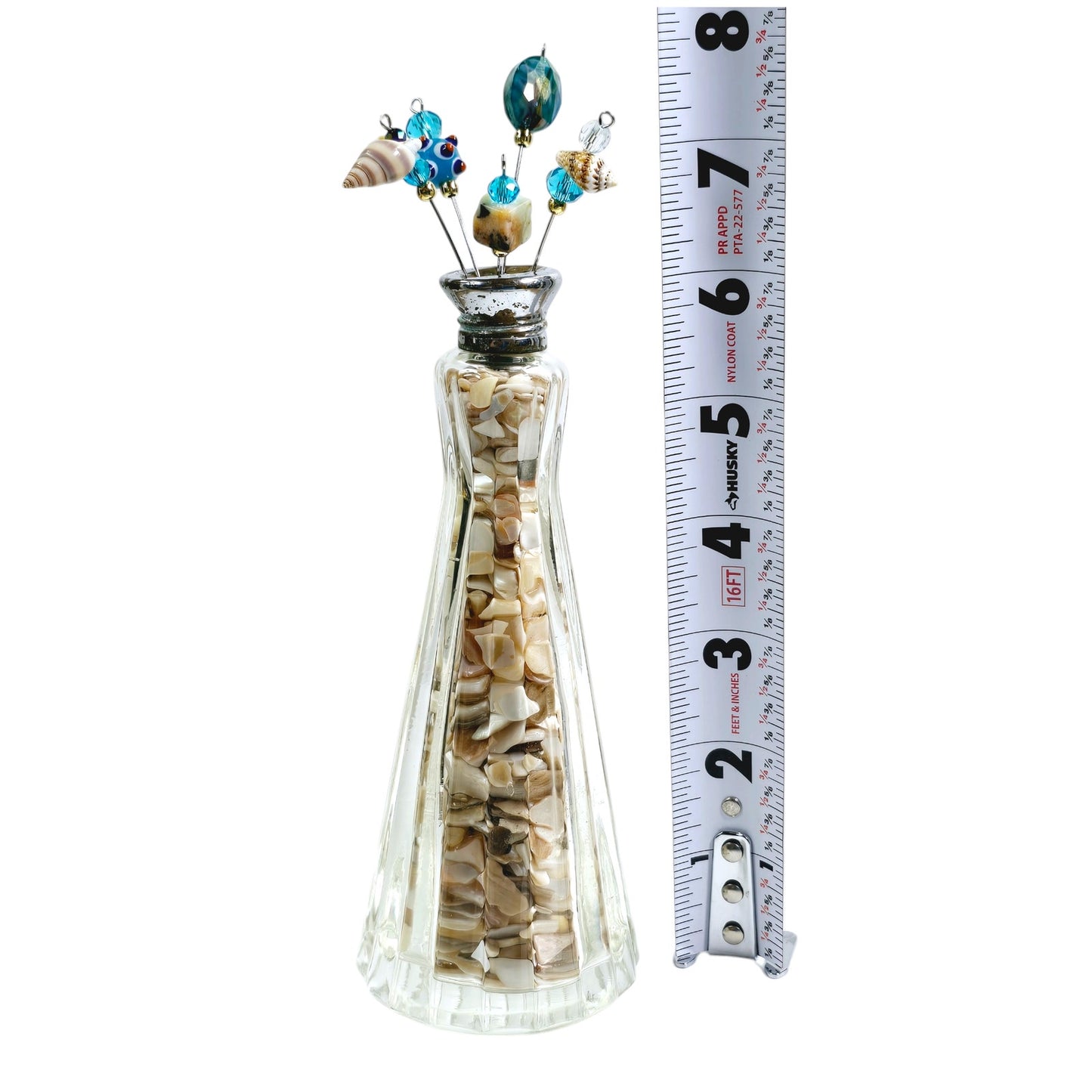 Tall Ornate Glass Salt Shaker Pin Display with Shell Fill and 5 Hand-Made Pins