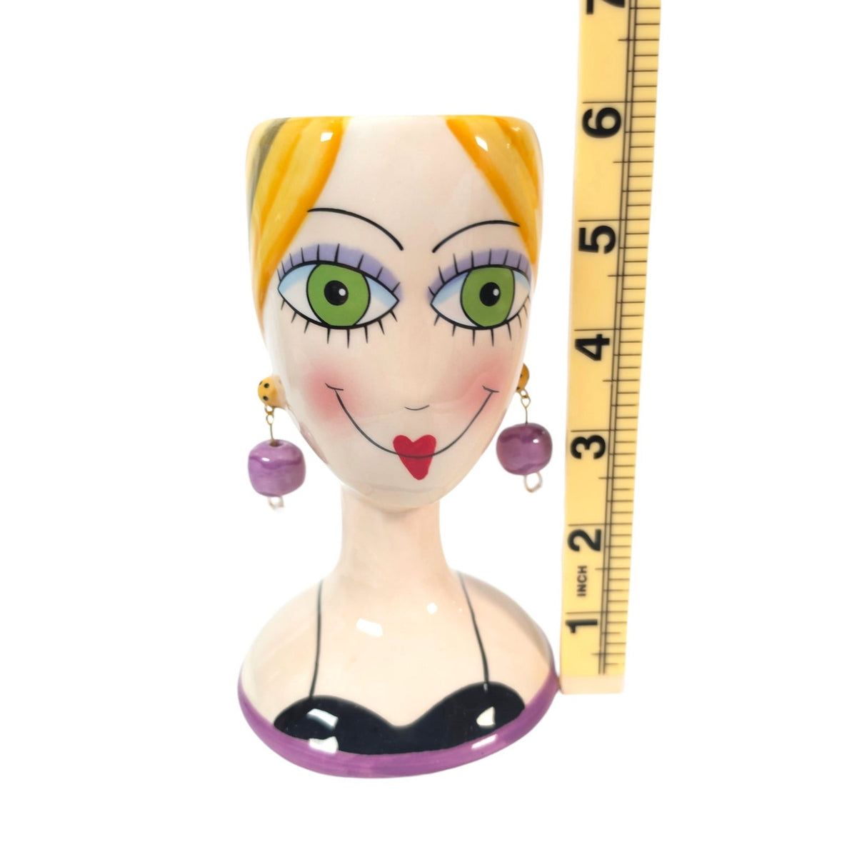 BABS Whimsical Ceramic Lady Head Vase Blonde Green Eyes Purple Earrings
