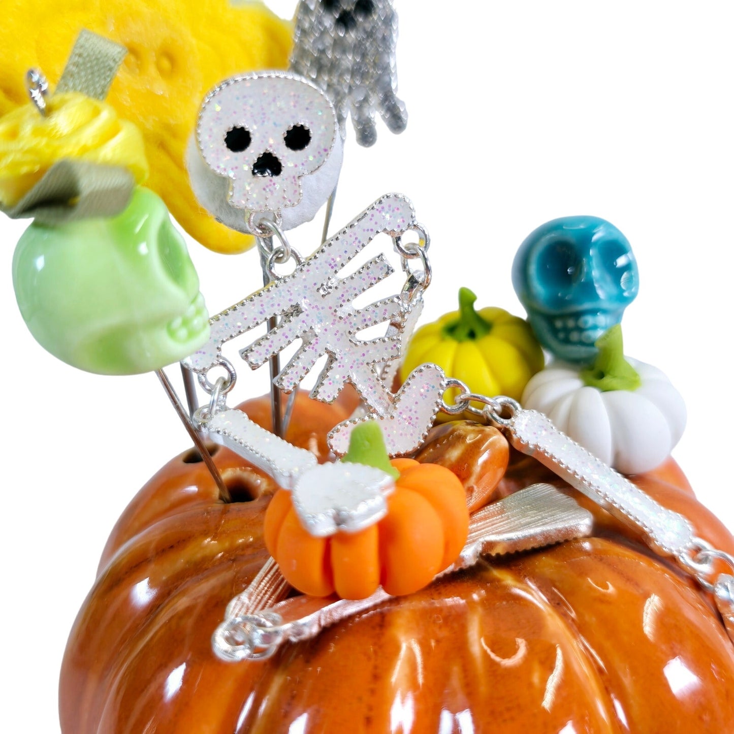 Posable Skeleton on Pumpkin Shaker, Pin Display