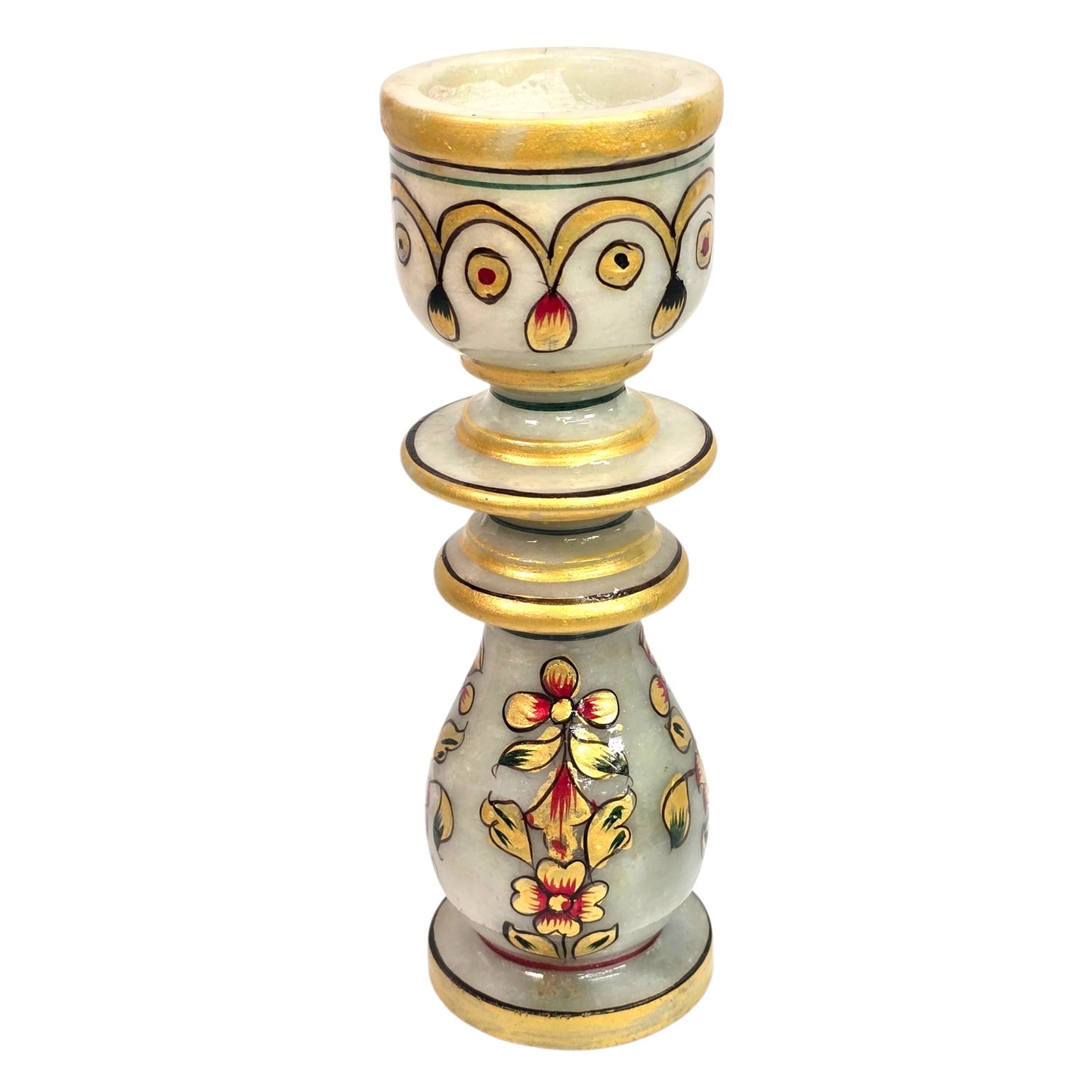 Vintage Indian Meenakari Marble Candle Holder Hand Painted Gold Accents 6"
