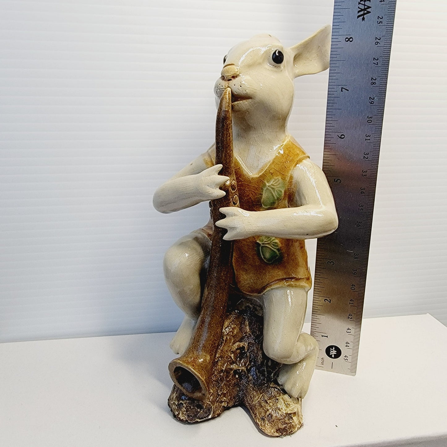 Vtg Signed Asian Rabbit Figurine Playing Long Horn Pottery Seal Mark MCM 8.5"