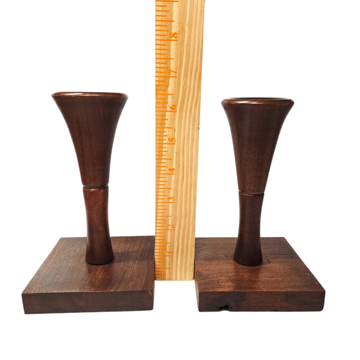 Danish Modern Style Walnut Wood Candlestick Holders - Hand Turned Pedestal Pair