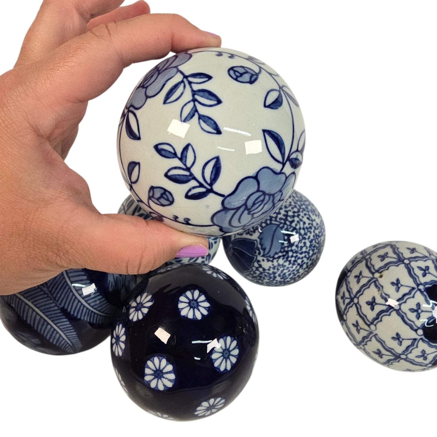 Blue and White Ceramic Decorative Orbs Set of 6 Chinoiserie Style Home Decor