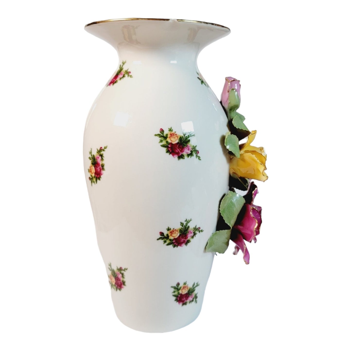 AS IS Royal Albert "Old Country Roses" Sculpted Flower Vase, Small Chips: Rim, Flowers 9.5" FLAW