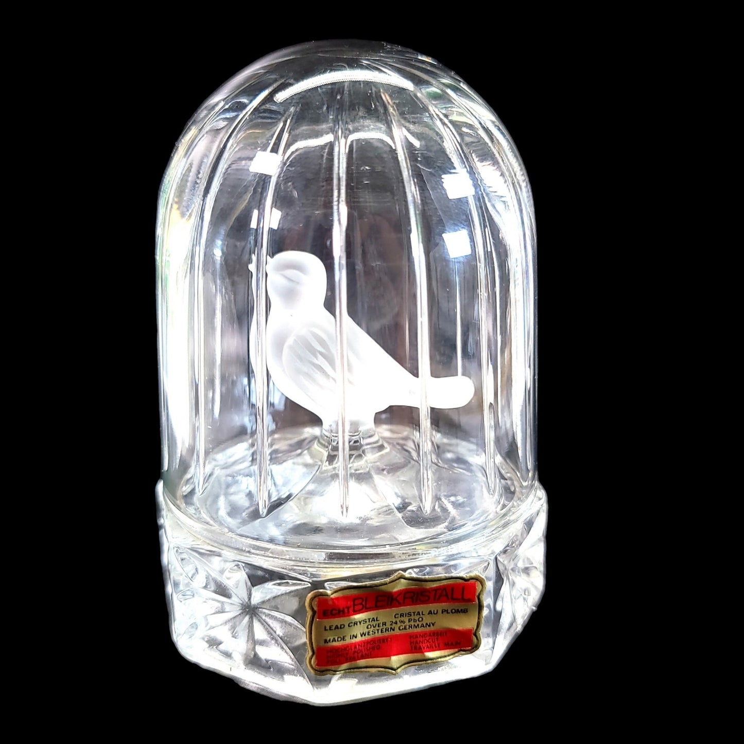 Vintage Hofbauer Byrdes Crystal Bird in Birdcage Glass Figurine Paperweight, Made in Western Germany, Bleikristall (Lead Crystal)