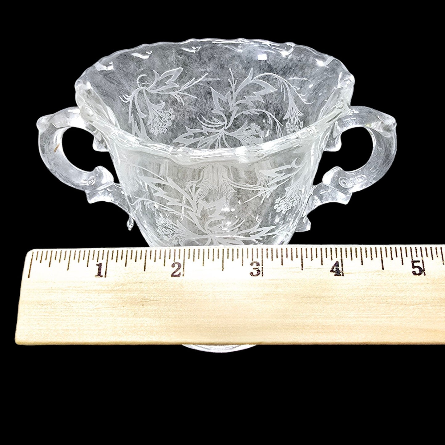 Vtg Fostoria Heather Glass Sugar Jar w/ Handles Baroque Style Floral Leaf Pattern