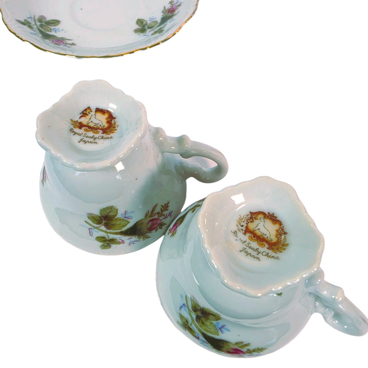 Vintage Royal Sealy Japan Floral Porcelain Teacups & Saucers, Set of 2