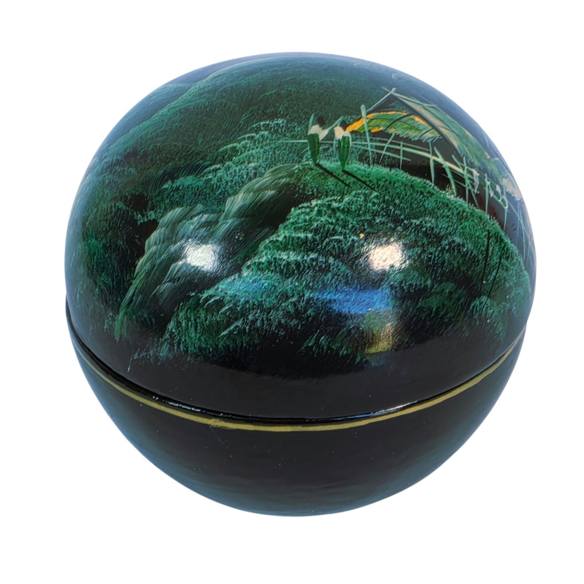 Vintage Japanese Lacquerware Round Trinket Box with Porcelain Rose