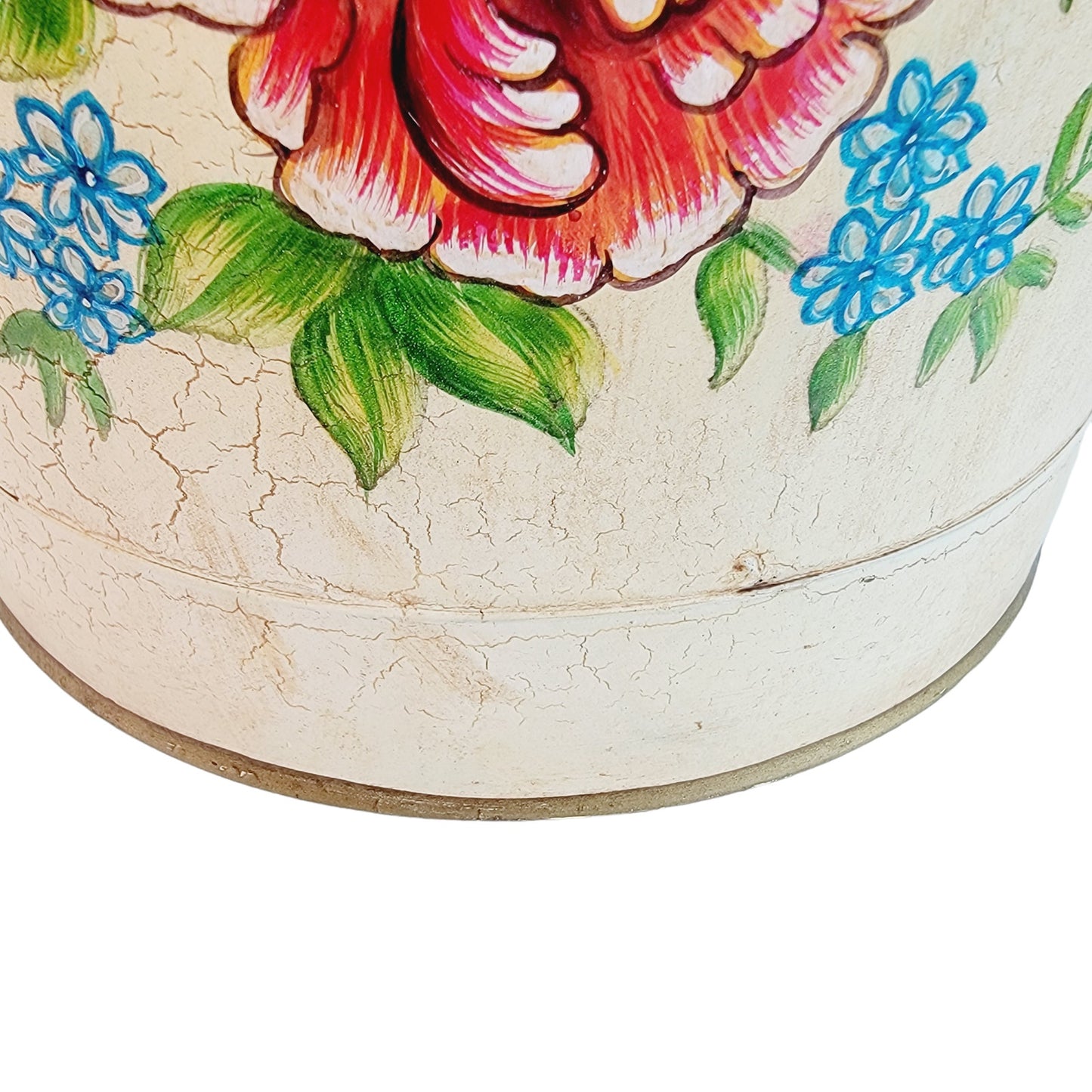 Vintage Anthropologie Floral Metal Waste Basket with Handles 8" H, Yellow with Red and Blue Flowers