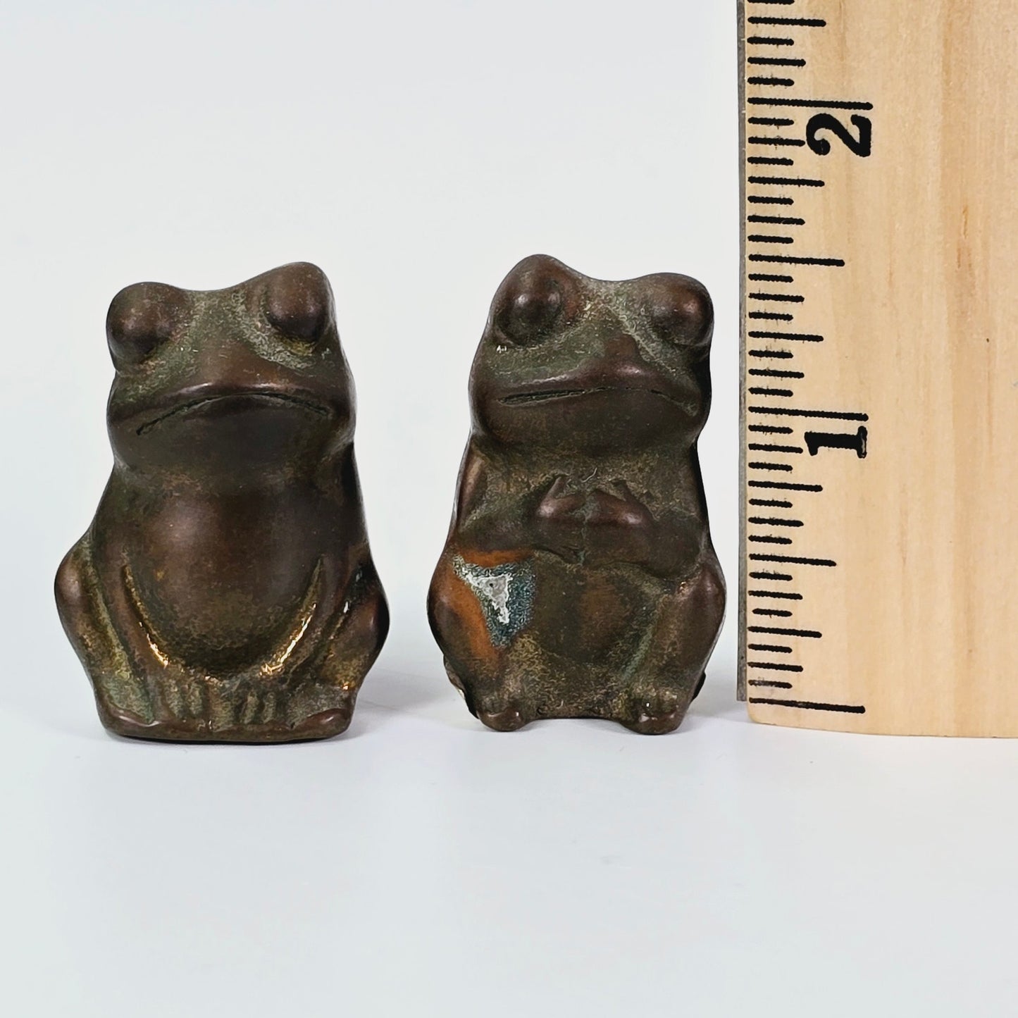 Set of 2 Miniature Brass Frog Figurines, with Patina, 1.5" H