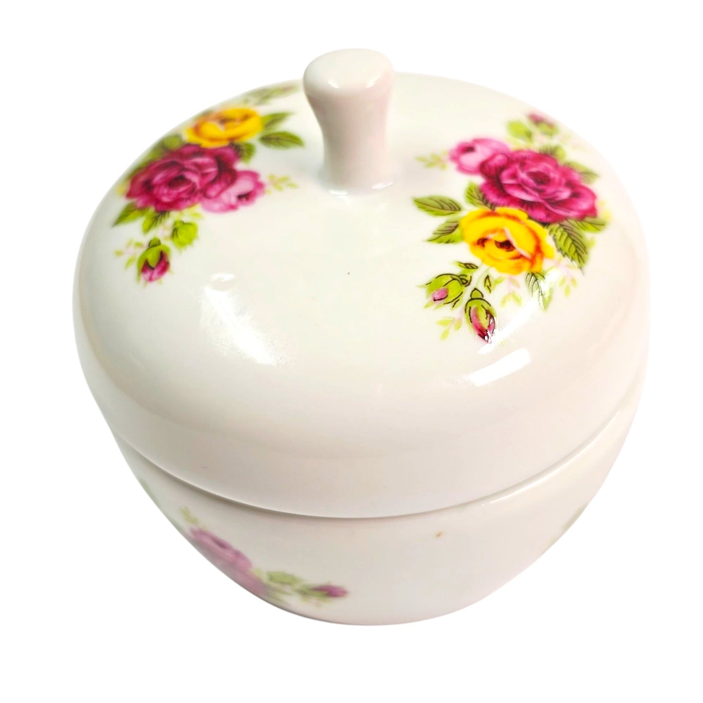 Vintage Porcelain Apple Trinket Box Jewelry Box Lidded Rose Floral Flowers