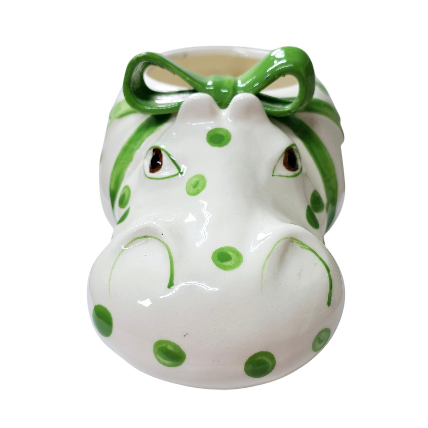 Large Ceramic Green Polkadot Hippo Planter with Green Bow 10" W