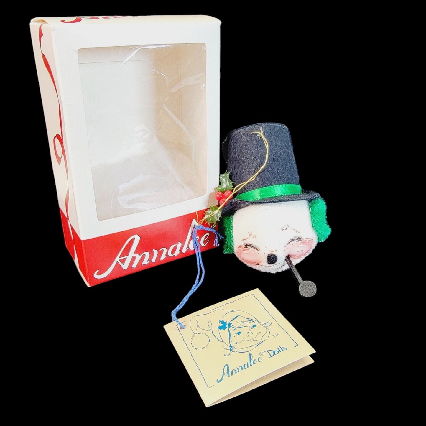 Annalee 1983 Snowman Head Mobilitee Doll Ornament Pipe Holly Trim A Tree New BOX